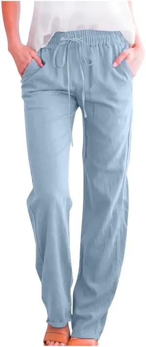 Women's Linen Cotton Casual Pants Lounge Pants Drawstring with Pockets Elastic Waist Straight Leg Pants Loose Trouser