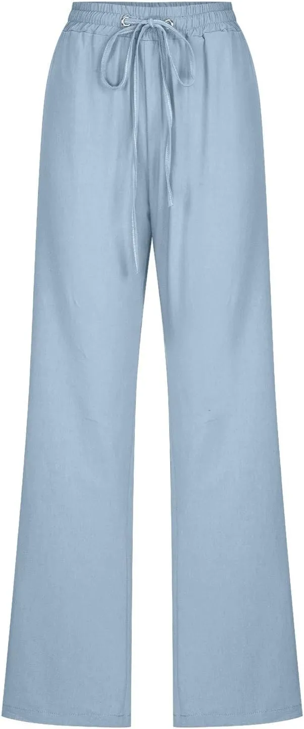 Women's Linen Cotton Casual Pants Lounge Pants Drawstring with Pockets Elastic Waist Straight Leg Pants Loose Trouser