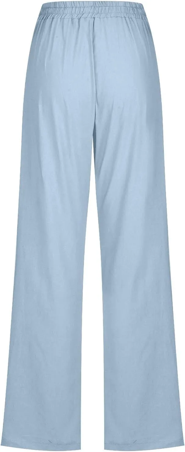 Women's Linen Cotton Casual Pants Lounge Pants Drawstring with Pockets Elastic Waist Straight Leg Pants Loose Trouser