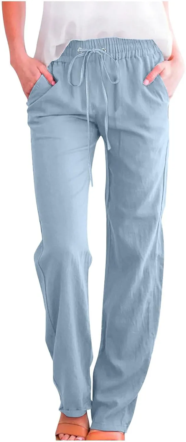 Women's Linen Cotton Casual Pants Lounge Pants Drawstring with Pockets Elastic Waist Straight Leg Pants Loose Trouser
