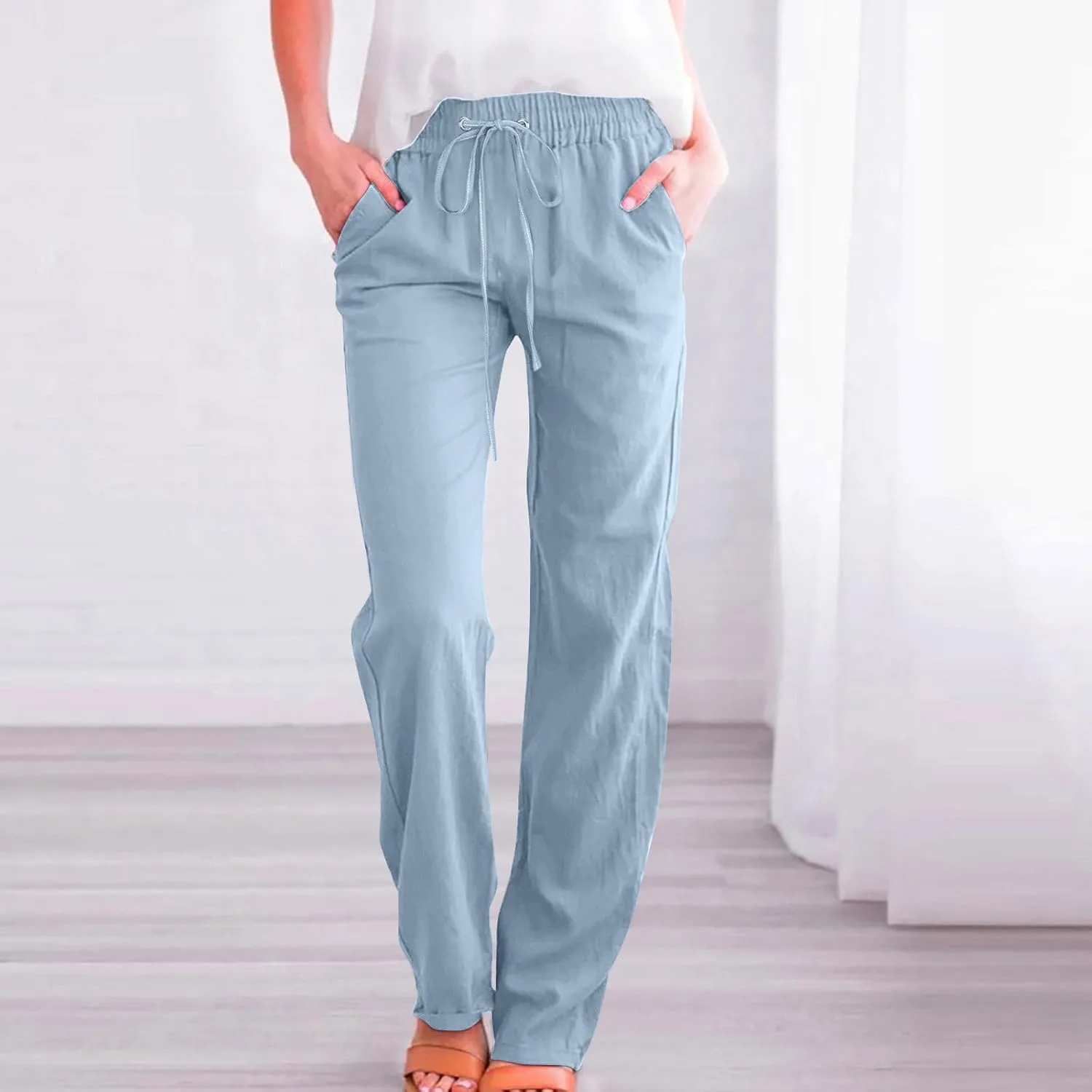 Women's Linen Cotton Casual Pants Lounge Pants Drawstring with Pockets Elastic Waist Straight Leg Pants Loose Trouser