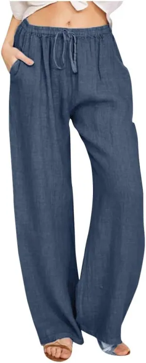 Womens Linen Pants 2025 Casual High Waist Wide Leg Trousers Summer Lightweight Loose Beach Palazzo with Pockets