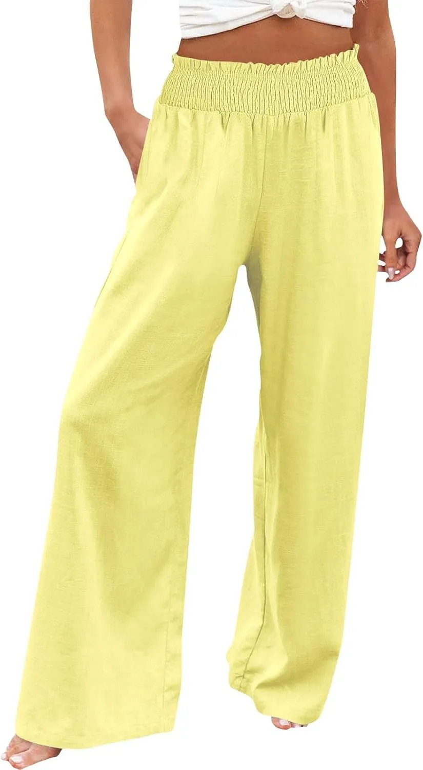 Womens Linen Pants 2025 Summer Casual Loose Wide Leg Palazzo Pants High Waist Flowy Beach Trousers Outfits