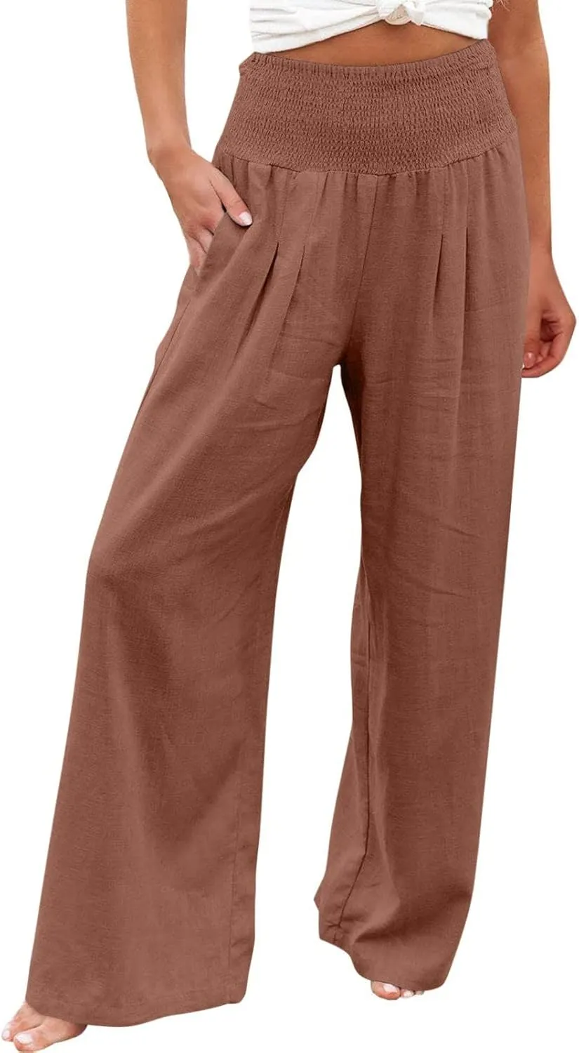 Women's Linen Pants 2025 Summer Casual Loose Wide Leg Palazzo Pants Spring High Waist Flowy Trousers Beach Outfits