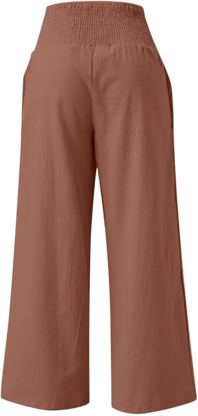 Women's Linen Pants 2025 Summer Casual Loose Wide Leg Palazzo Pants Spring High Waist Flowy Trousers Beach Outfits