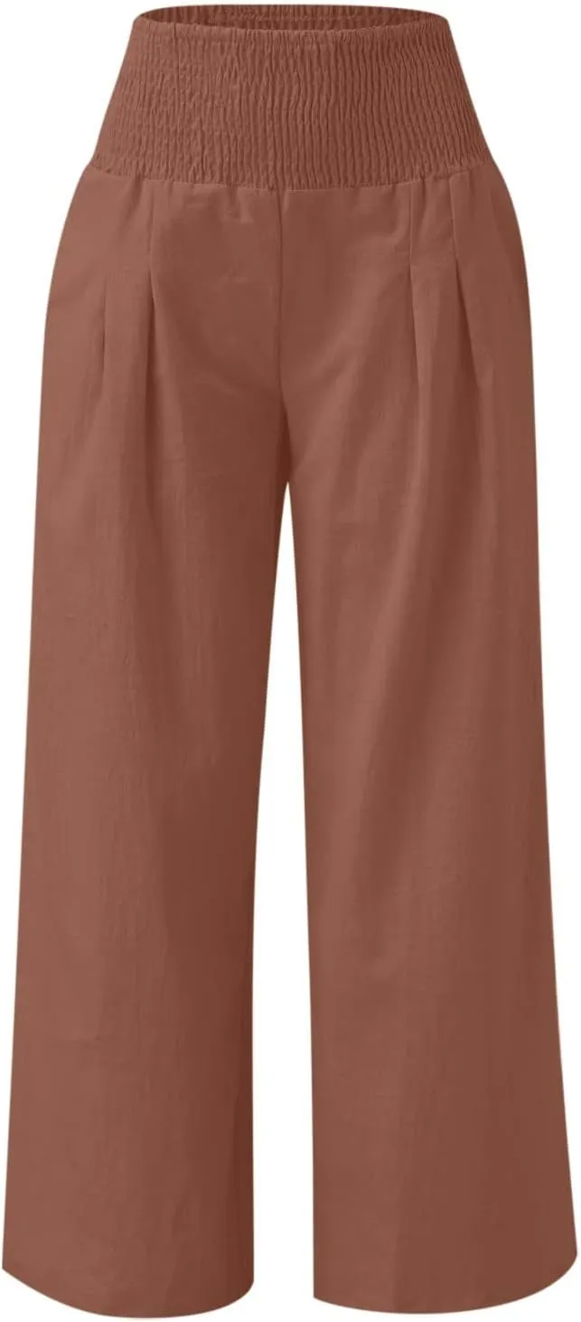 Women's Linen Pants 2025 Summer Casual Loose Wide Leg Palazzo Pants Spring High Waist Flowy Trousers Beach Outfits