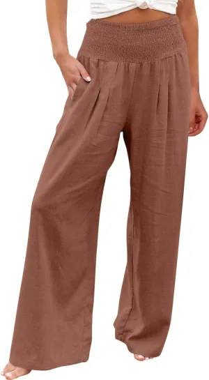 Women's Linen Pants 2025 Summer Casual Loose Wide Leg Palazzo Pants Spring High Waist Flowy Trousers Beach Outfits