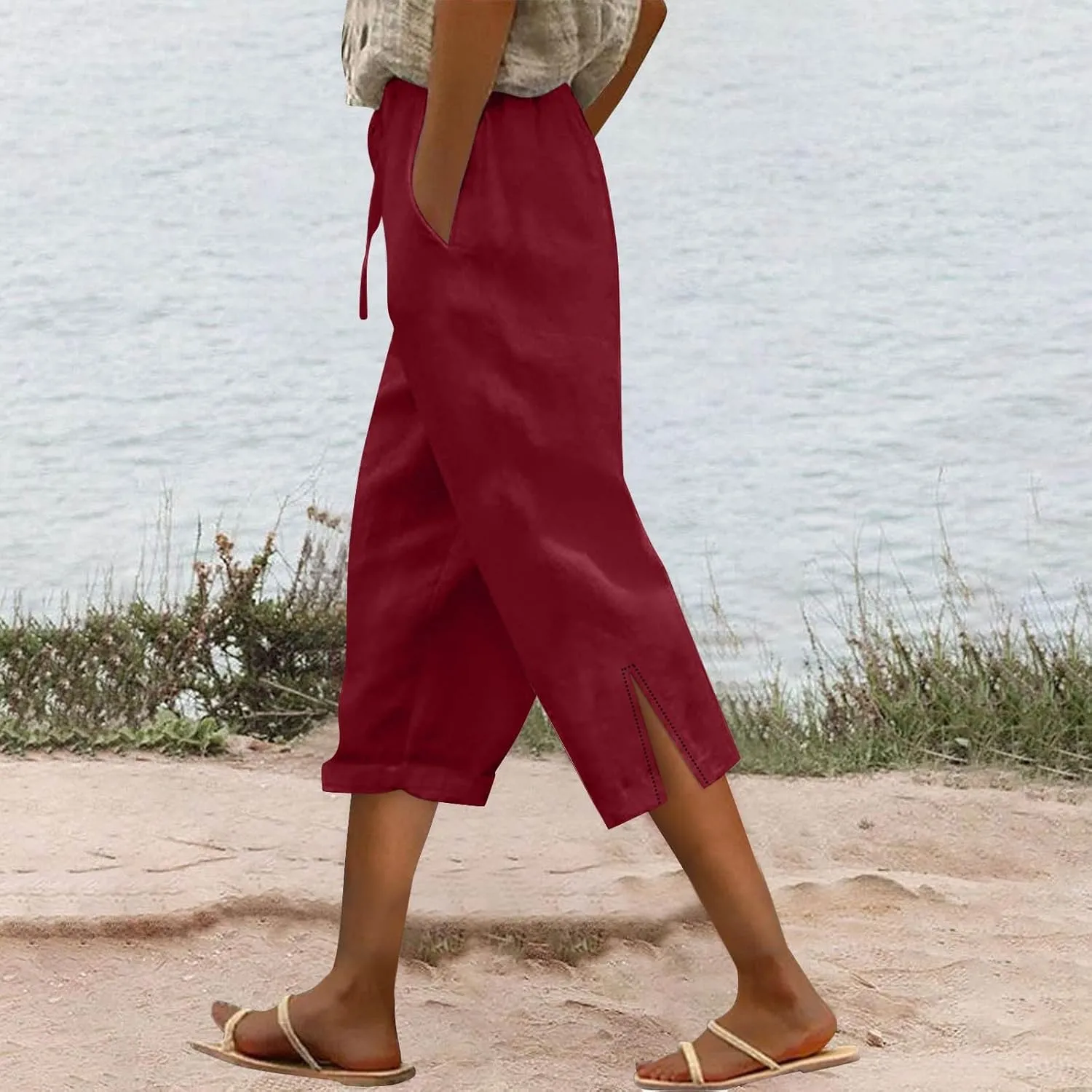 Women's Linen Pants 2025 Summer Elastic High Waist Split Hem Work Pants Casual Loose Lightweight Beach Trousers with Pockets