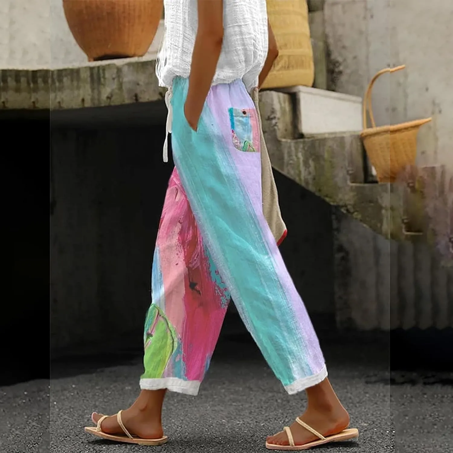Women's Linen Pants 2025 Summer Elastic High Waist Split Hem Work Pants Casual Loose Lightweight Beach Trousers with Pockets