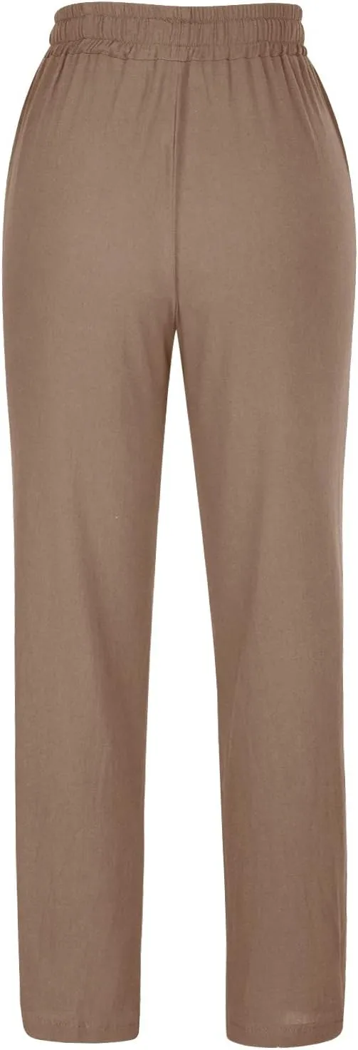 Womens Linen Pants Casual Straight Pants Drawstring Elastic Waist Long Pants Plus Size Comfy Summer Jogger Trousers