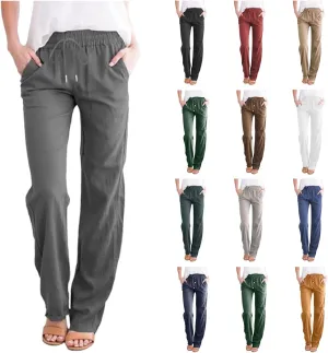 Womens Linen Pants Casual Straight Pants Drawstring Elastic Waist Long Pants Plus Size Comfy Summer Jogger Trousers