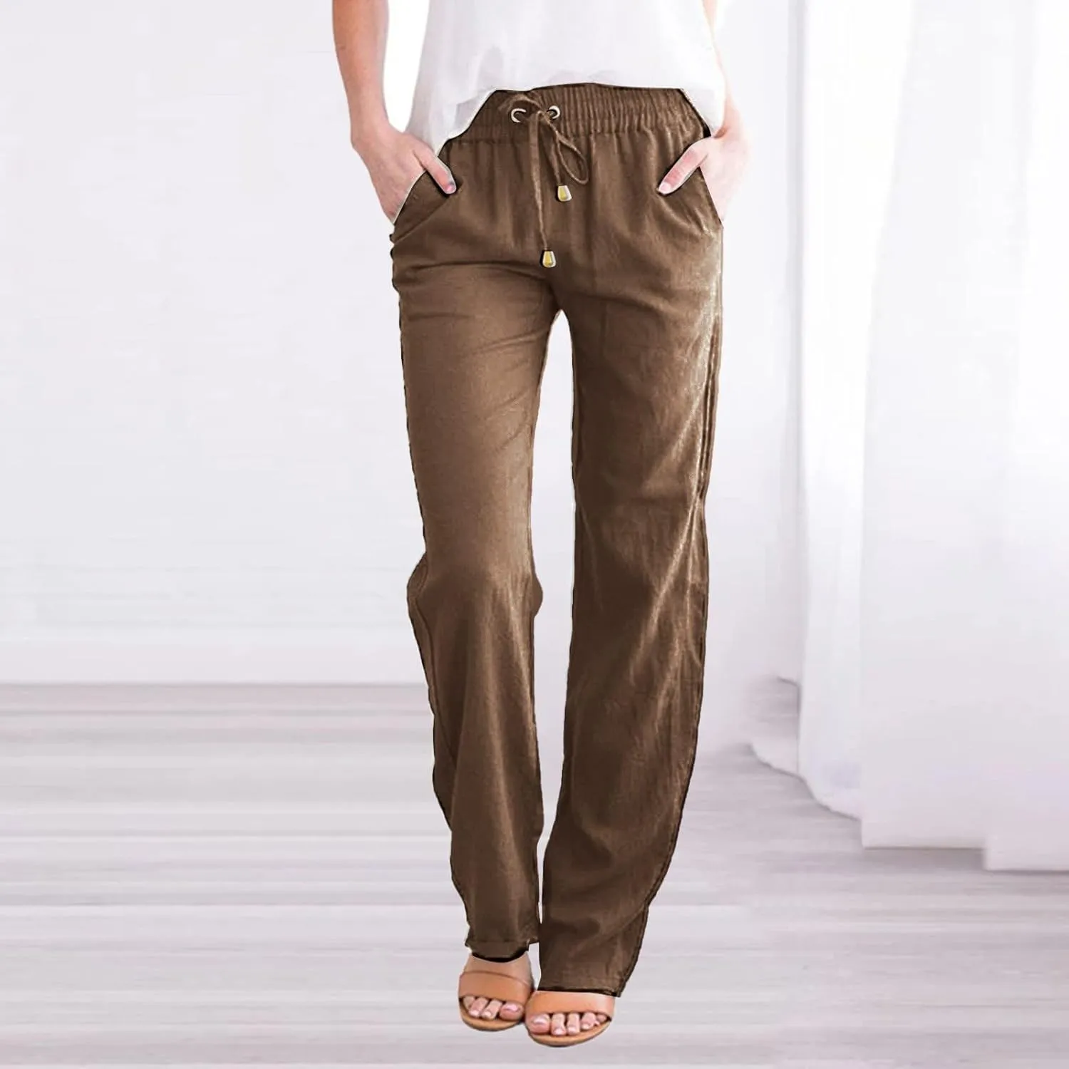 Womens Linen Pants Casual Straight Pants Drawstring Elastic Waist Long Pants Plus Size Comfy Summer Jogger Trousers