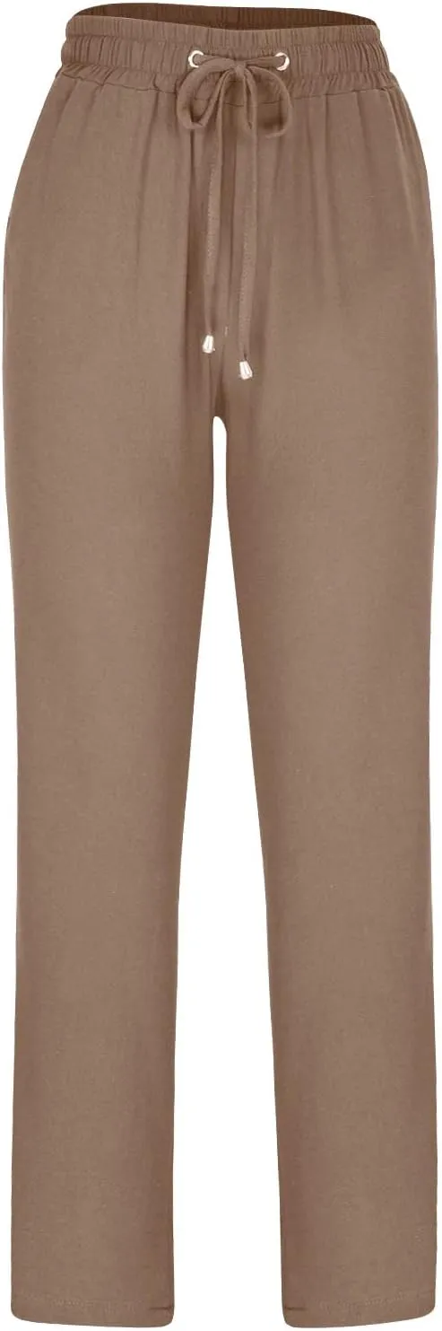 Womens Linen Pants Casual Straight Pants Drawstring Elastic Waist Long Pants Plus Size Comfy Summer Jogger Trousers