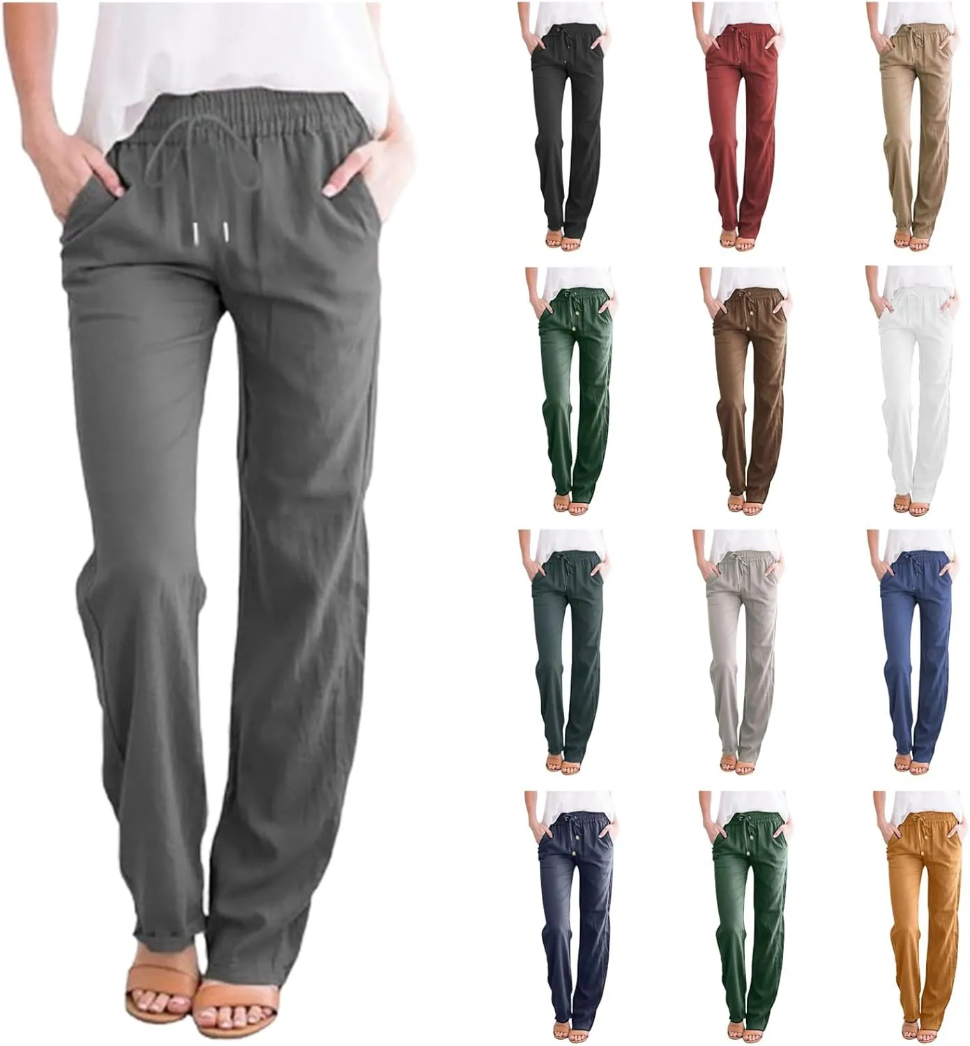 Womens Linen Pants Casual Straight Pants Drawstring Elastic Waist Long Pants Plus Size Comfy Summer Jogger Trousers