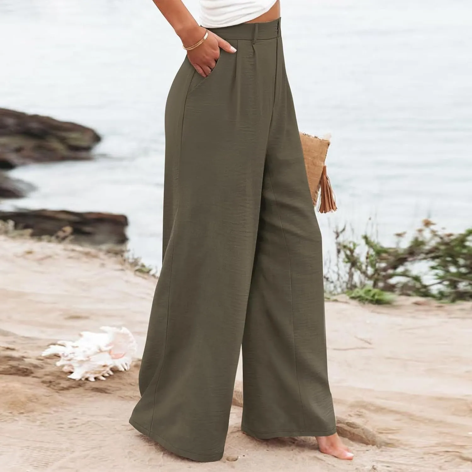 Women's Linen Pants Fashion Straight Leg High Waisted Dress Trousers Loose Casual Wide Leg Solid Color Vacation Pants