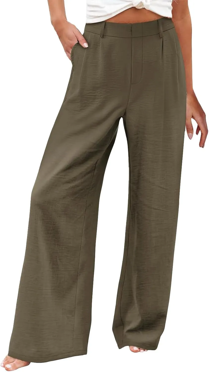 Women's Linen Pants Fashion Straight Leg High Waisted Dress Trousers Loose Casual Wide Leg Solid Color Vacation Pants