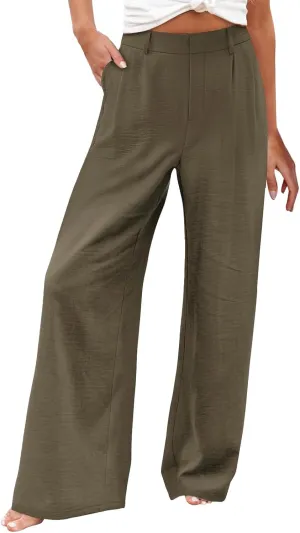 Women's Linen Pants Fashion Straight Leg High Waisted Dress Trousers Loose Casual Wide Leg Solid Color Vacation Pants
