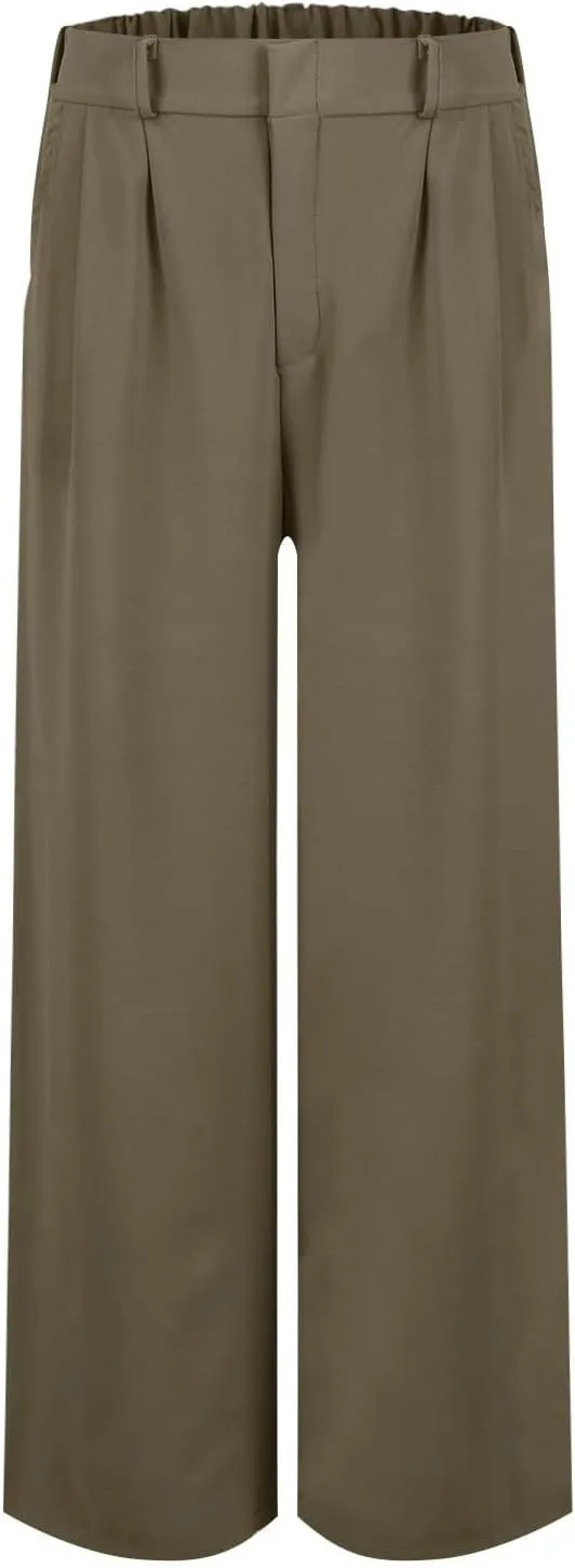 Women's Linen Pants Fashion Straight Leg High Waisted Dress Trousers Loose Casual Wide Leg Solid Color Vacation Pants