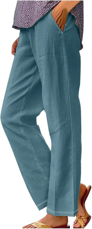 Womens Linen Pants with Pockets Lounge Pants 2025 High Waist Pants Comfy Gauze Pants Casua Lightweight Loose Trousers