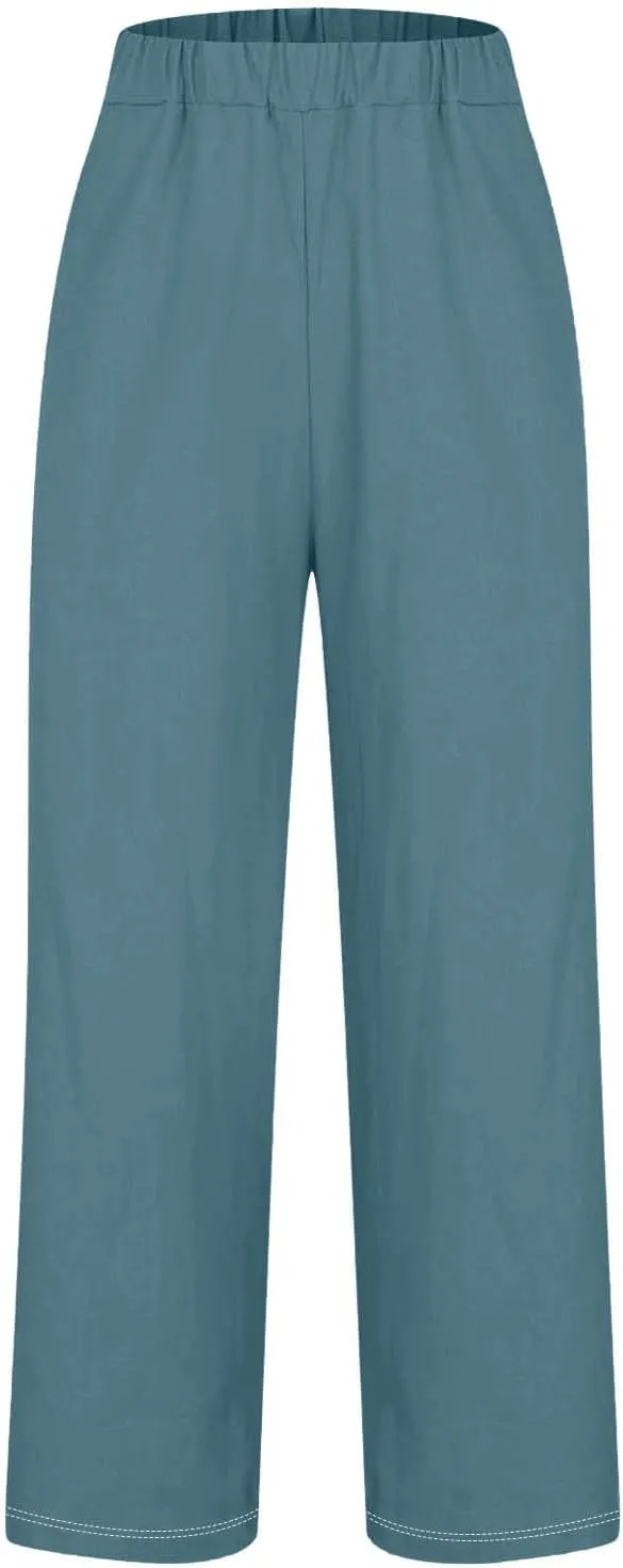 Womens Linen Pants with Pockets Lounge Pants 2025 High Waist Pants Comfy Gauze Pants Casua Lightweight Loose Trousers