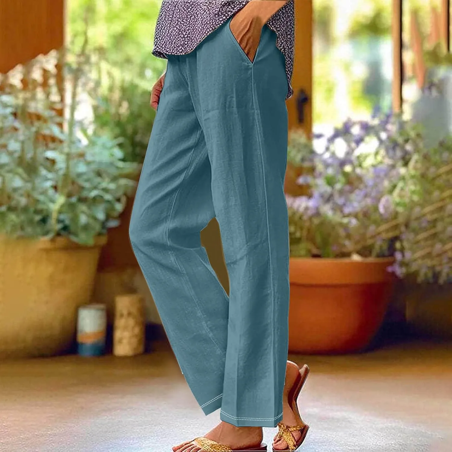 Womens Linen Pants with Pockets Lounge Pants 2025 High Waist Pants Comfy Gauze Pants Casua Lightweight Loose Trousers