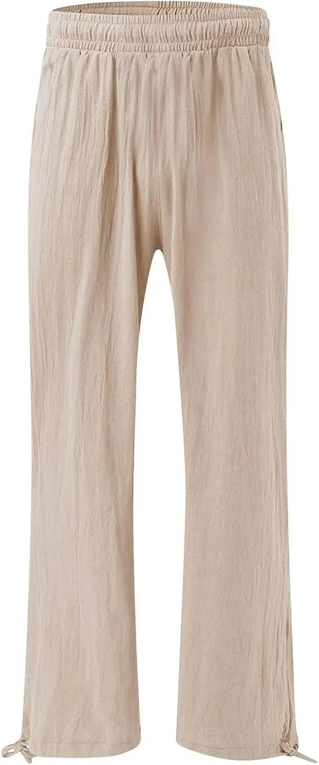 Women's Linen Summer Palazzo Pants Flowy Drawstring Waist Wide Leg Palazzo Beach Pants Loose Fit Beach Vacation Clothes