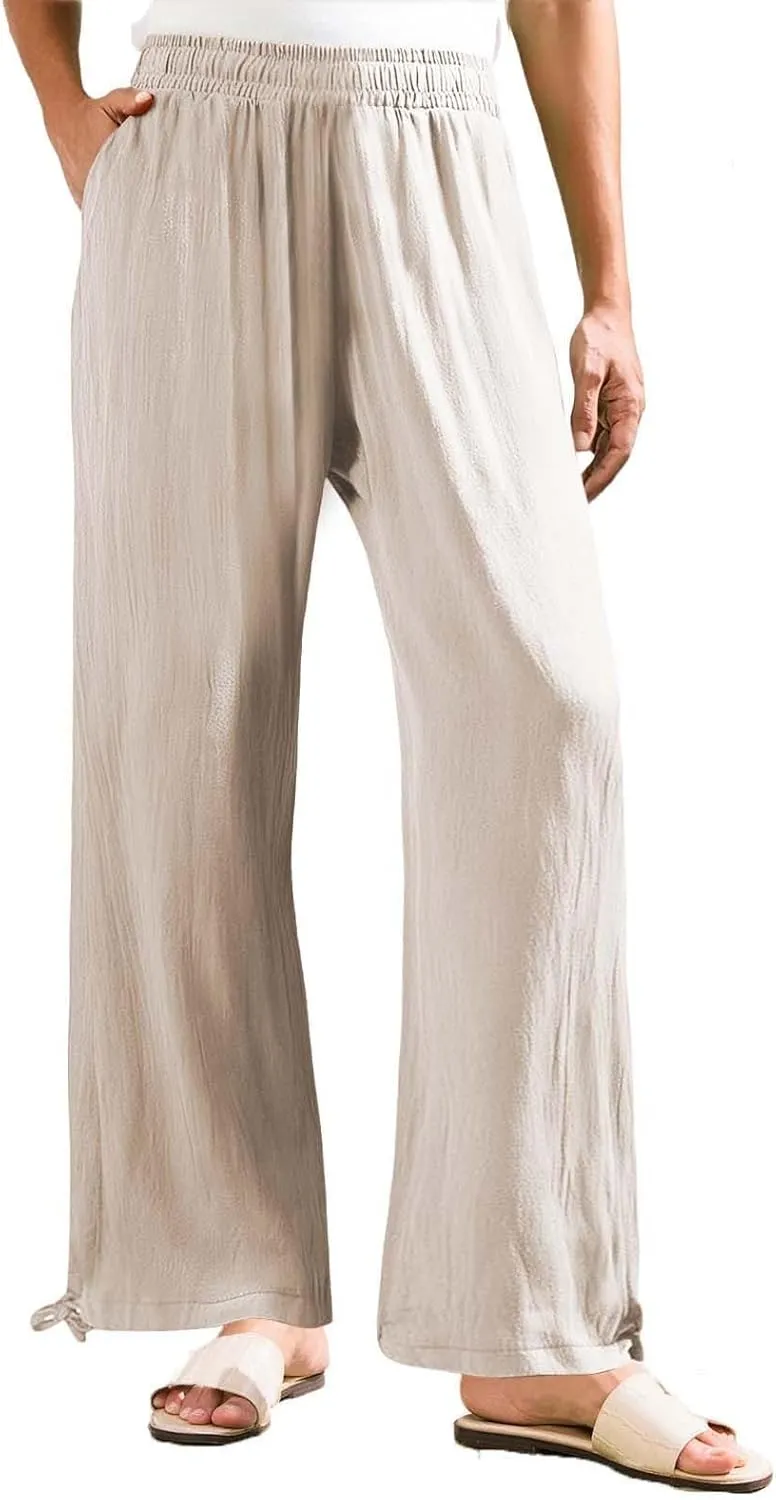 Women's Linen Summer Palazzo Pants Flowy Drawstring Waist Wide Leg Palazzo Beach Pants Loose Fit Beach Vacation Clothes