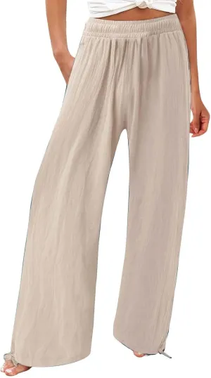Women's Linen Summer Palazzo Pants Flowy Drawstring Waist Wide Leg Palazzo Beach Pants Loose Fit Beach Vacation Clothes