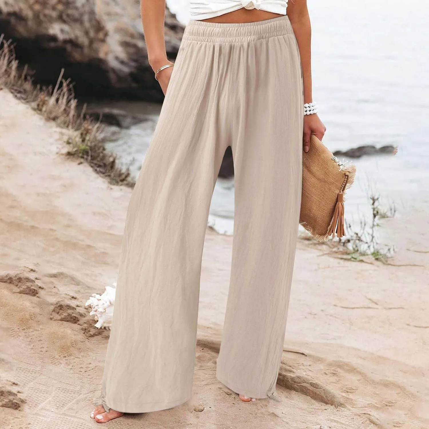 Women's Linen Summer Palazzo Pants Flowy Drawstring Waist Wide Leg Palazzo Beach Pants Loose Fit Beach Vacation Clothes