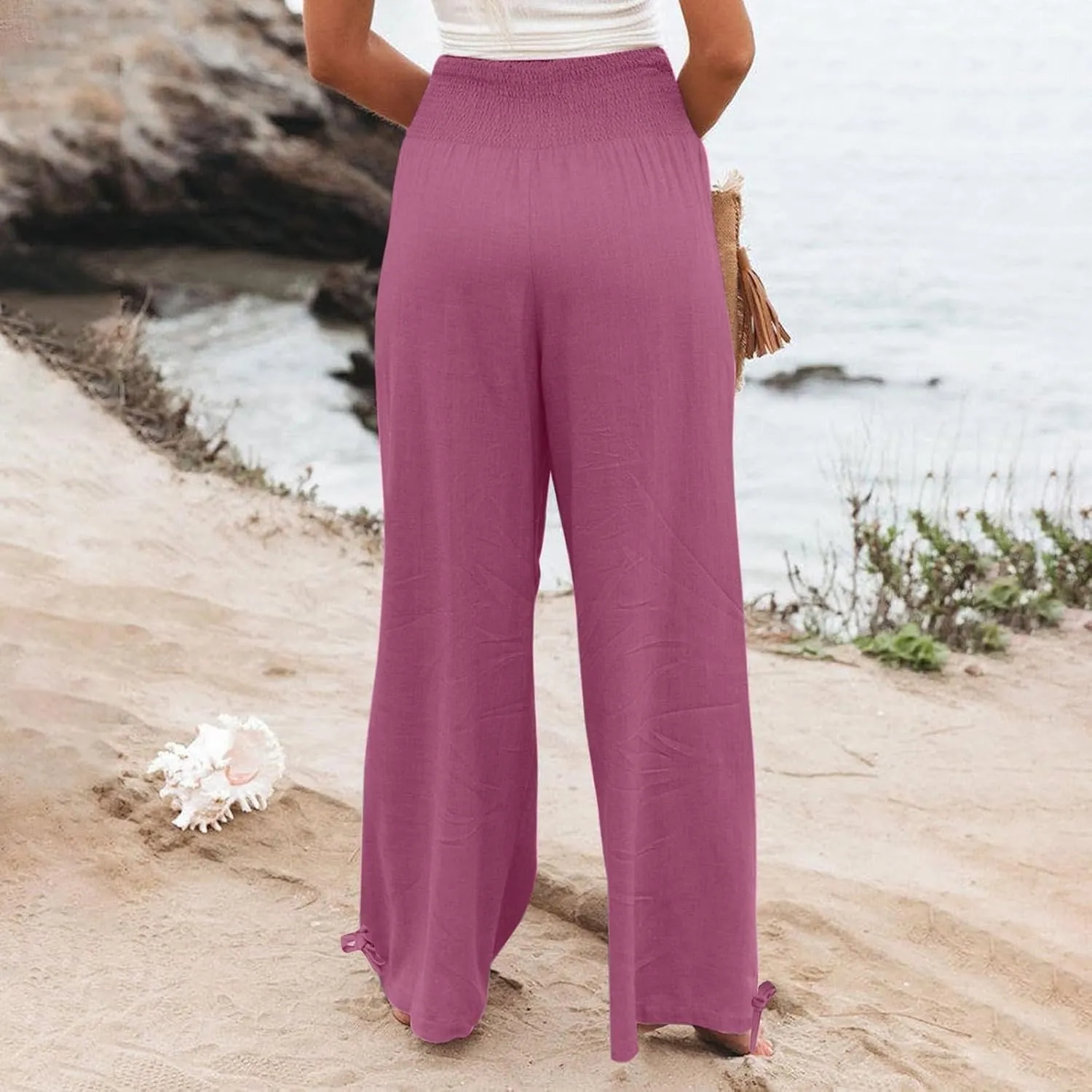 Women's Linen Summer Palazzo Pants Flowy Wide Leg Beach Pants with Pockets Casual Elastic High Waist Long Trousers