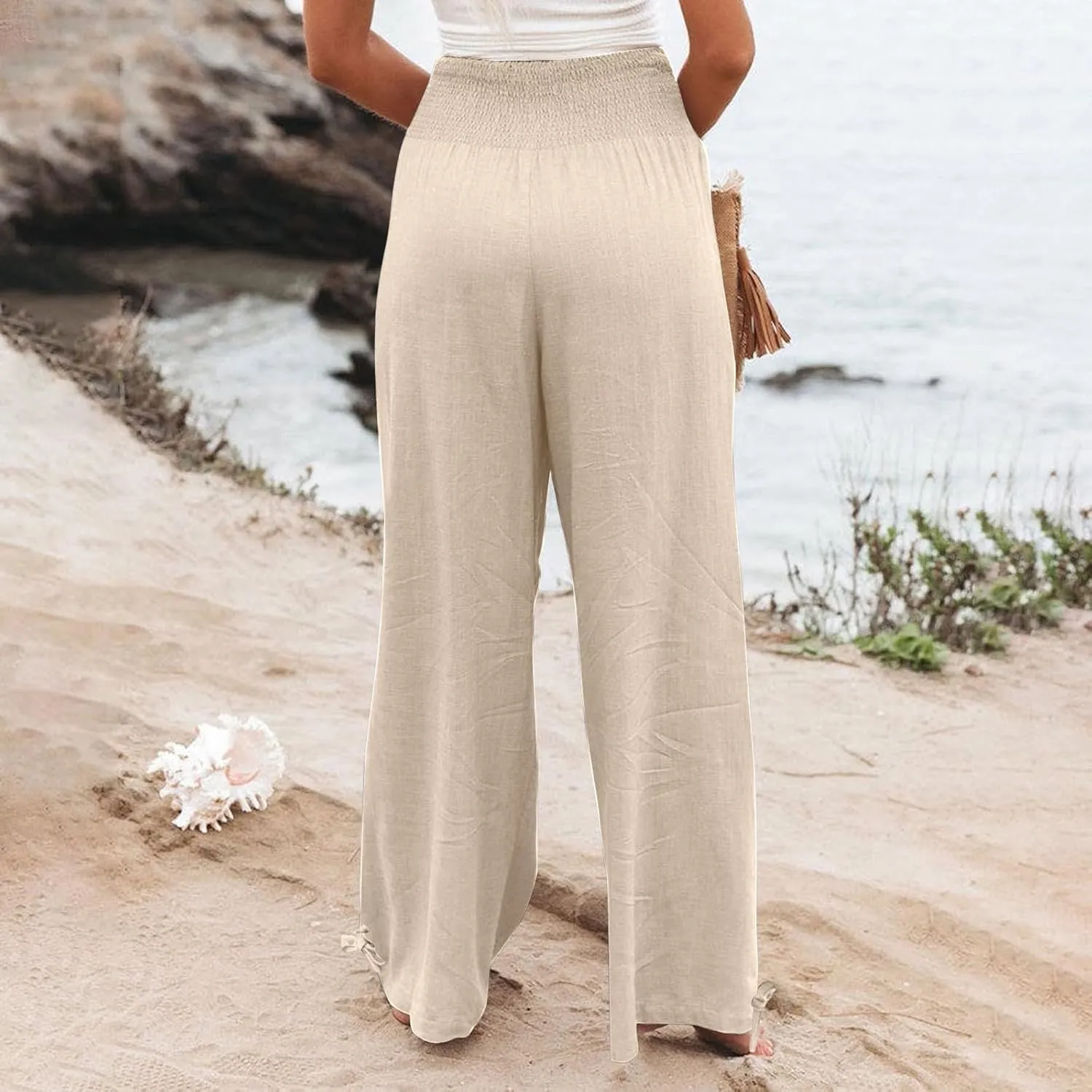 Women's Linen Summer Palazzo Pants Flowy Wide Leg Beach Pants with Pockets Casual Elastic High Waist Long Trousers
