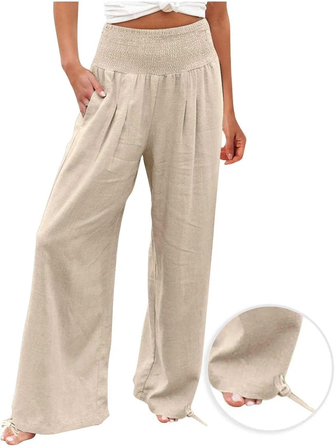 Women's Linen Summer Palazzo Pants Flowy Wide Leg Beach Pants with Pockets Casual Elastic High Waist Long Trousers