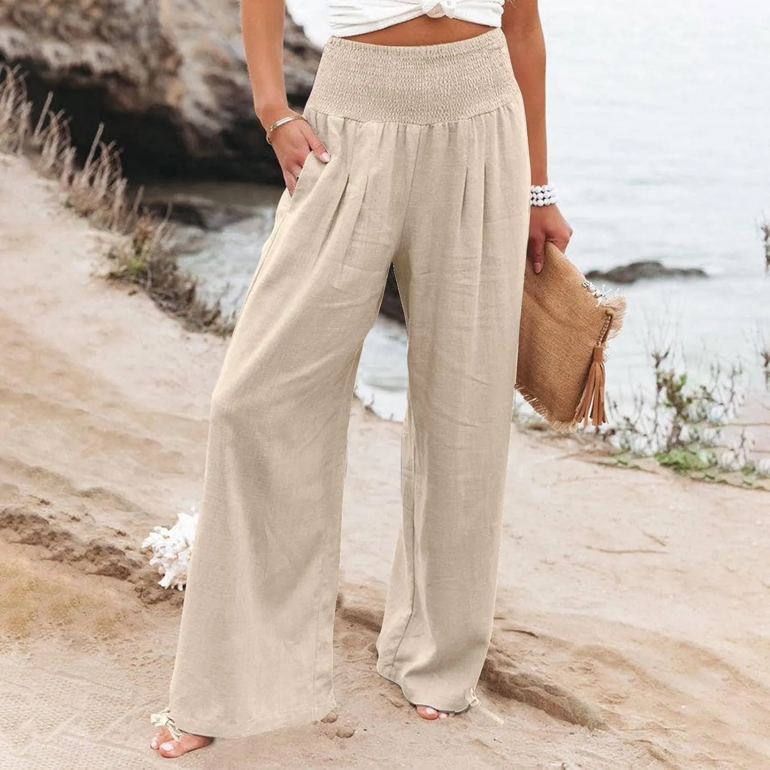 Women's Linen Summer Palazzo Pants Flowy Wide Leg Beach Pants with Pockets Casual Elastic High Waist Long Trousers