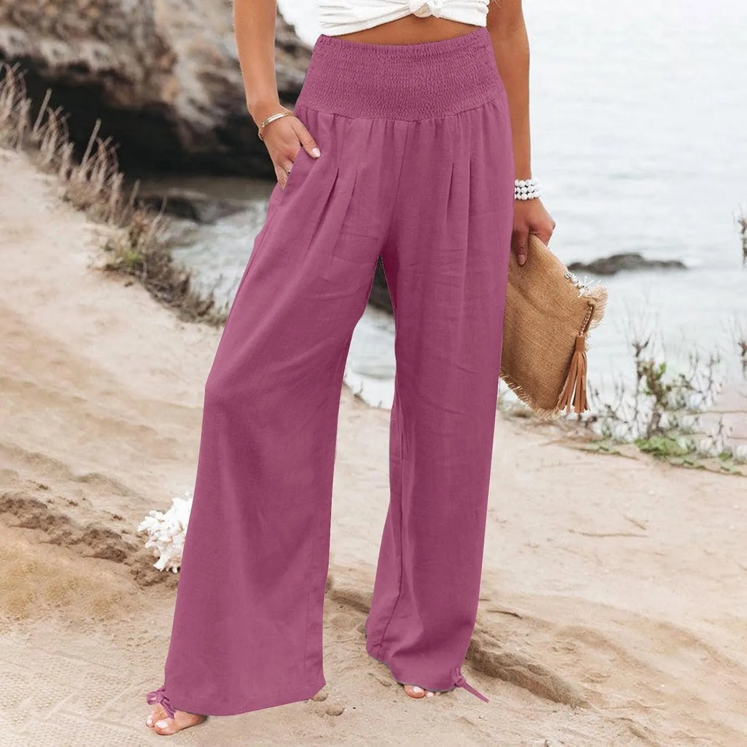 Women's Linen Summer Palazzo Pants Flowy Wide Leg Beach Pants with Pockets Casual Elastic High Waist Long Trousers