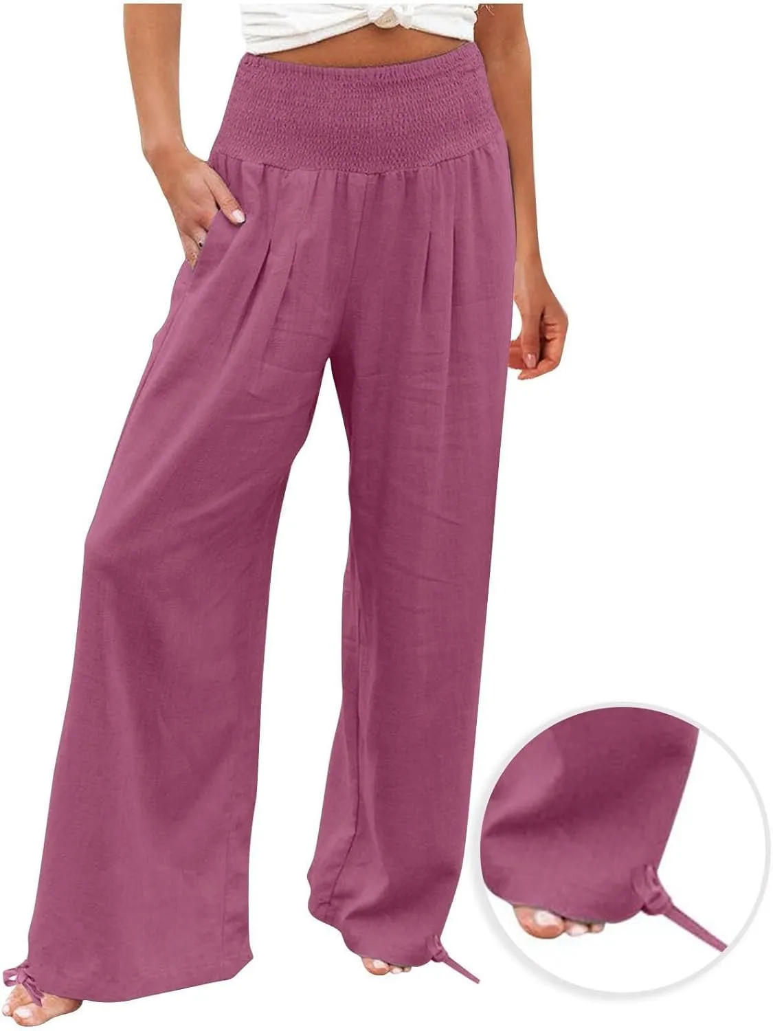 Women's Linen Summer Palazzo Pants Flowy Wide Leg Beach Pants with Pockets Casual Elastic High Waist Long Trousers