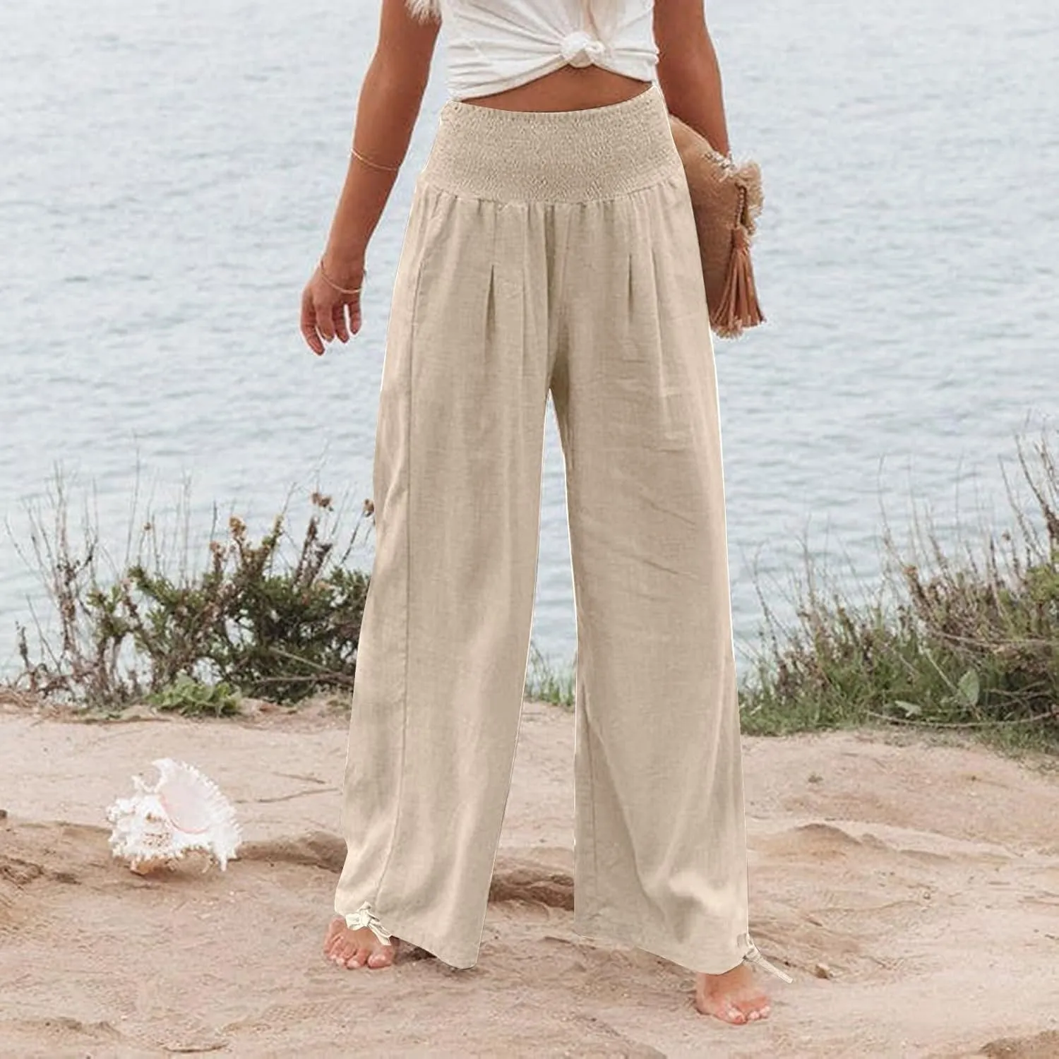 Women's Linen Summer Palazzo Pants Flowy Wide Leg Beach Pants with Pockets Casual Elastic High Waist Long Trousers