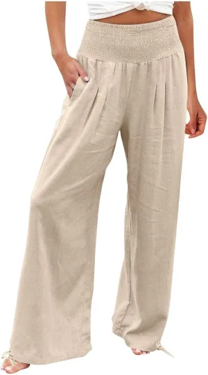 Women's Linen Summer Palazzo Pants Flowy Wide Leg Beach Pants with Pockets Casual Elastic High Waist Long Trousers