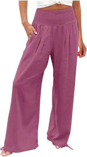 Women's Linen Summer Palazzo Pants Flowy Wide Leg Beach Pants with Pockets Casual Elastic High Waist Long Trousers