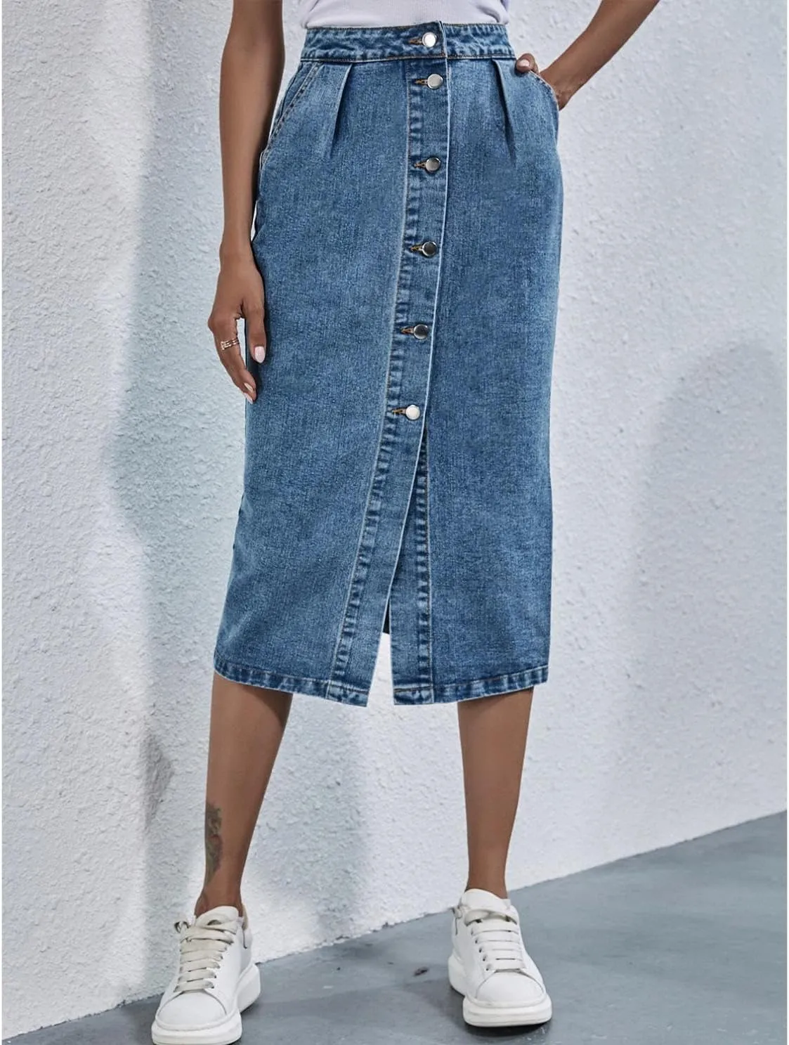 Women's Long Denim Skirt Casual A-Line Stretch Jean Skirt High Waisted Vintage Denim Maxi Skirt