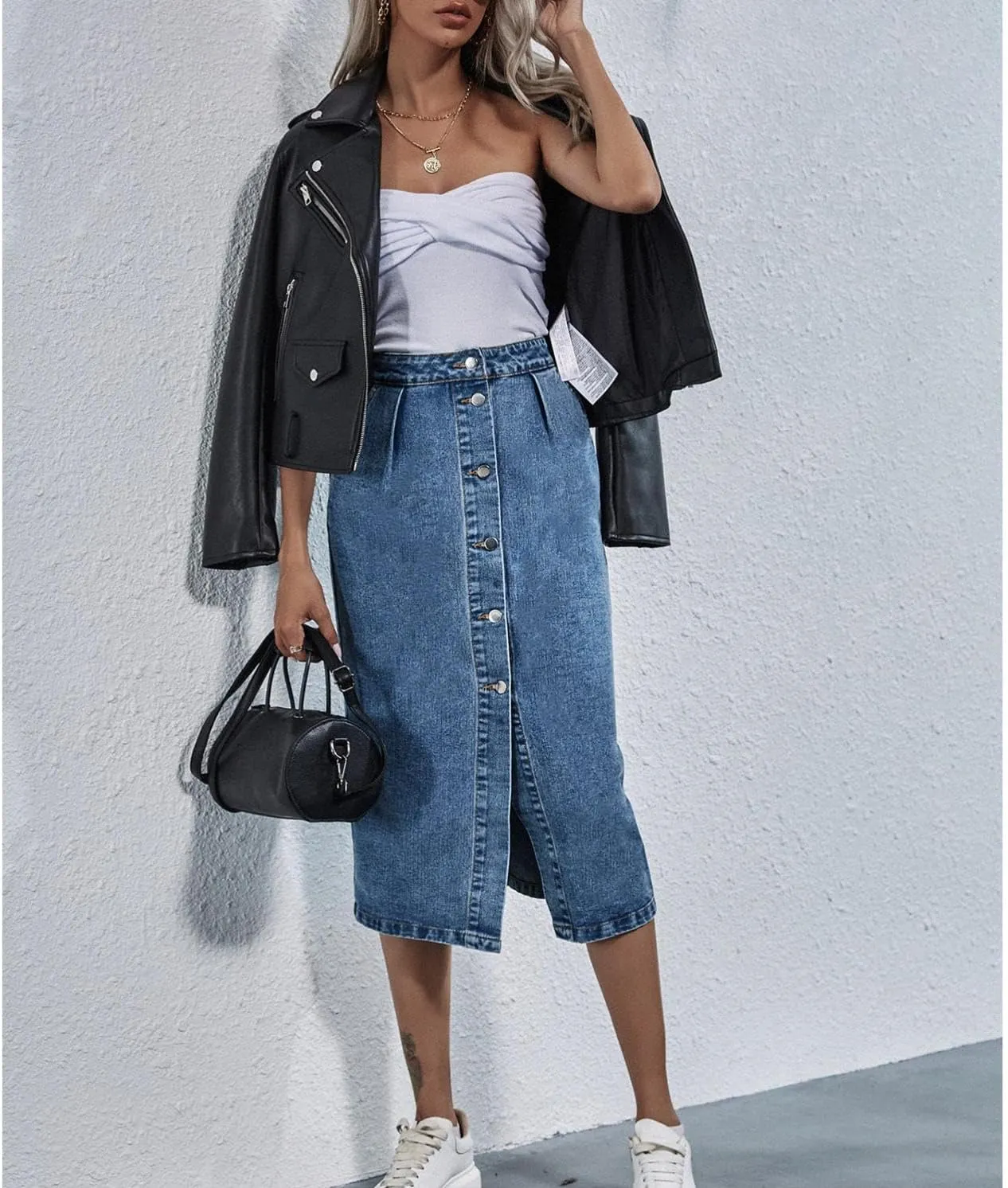Women's Long Denim Skirt Casual A-Line Stretch Jean Skirt High Waisted Vintage Denim Maxi Skirt