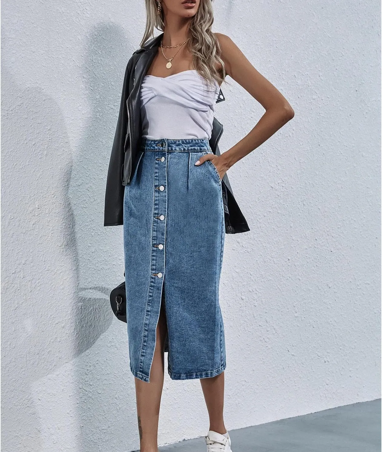 Women's Long Denim Skirt Casual A-Line Stretch Jean Skirt High Waisted Vintage Denim Maxi Skirt