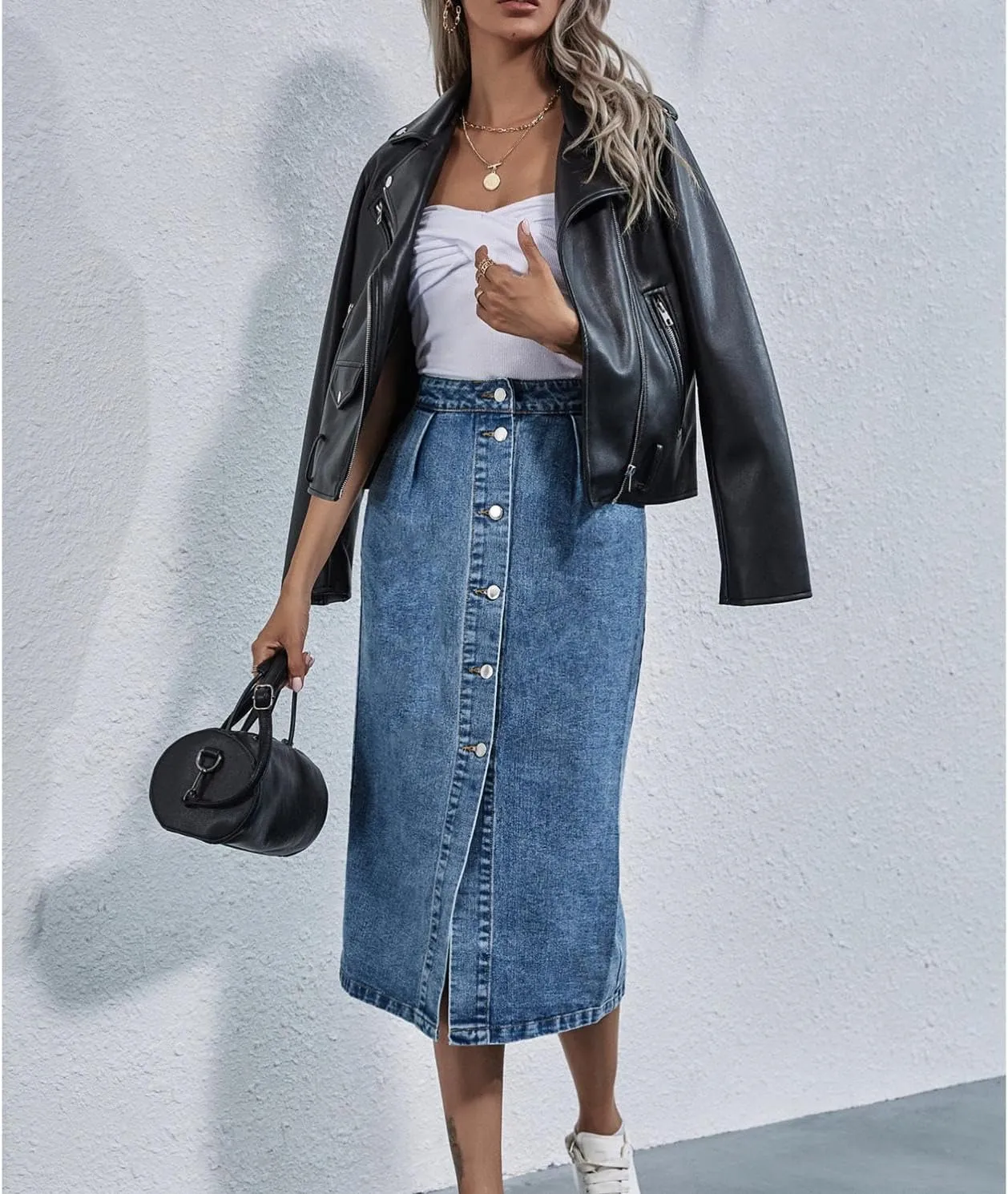 Women's Long Denim Skirt Casual A-Line Stretch Jean Skirt High Waisted Vintage Denim Maxi Skirt