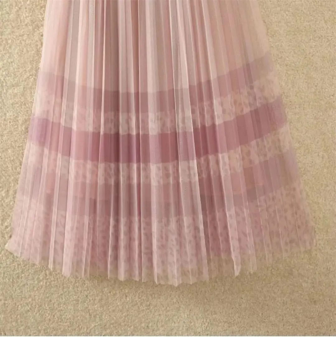 Womens Mesh Printed Pleated Skirts Casual Elastic Waist A-Line High Waist Slim Midi Skirt