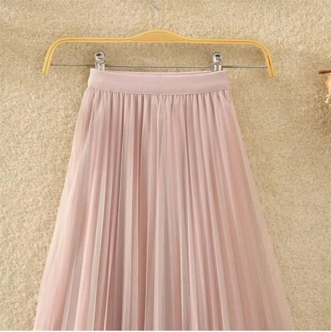 Womens Mesh Printed Pleated Skirts Casual Elastic Waist A-Line High Waist Slim Midi Skirt