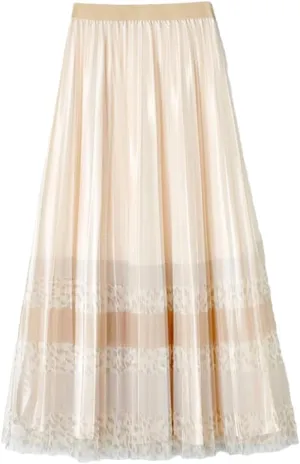 Womens Mesh Printed Pleated Skirts Casual Elastic Waist A-Line High Waist Slim Midi Skirt