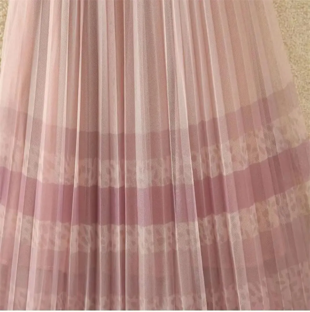 Womens Mesh Printed Pleated Skirts Casual Elastic Waist A-Line High Waist Slim Midi Skirt