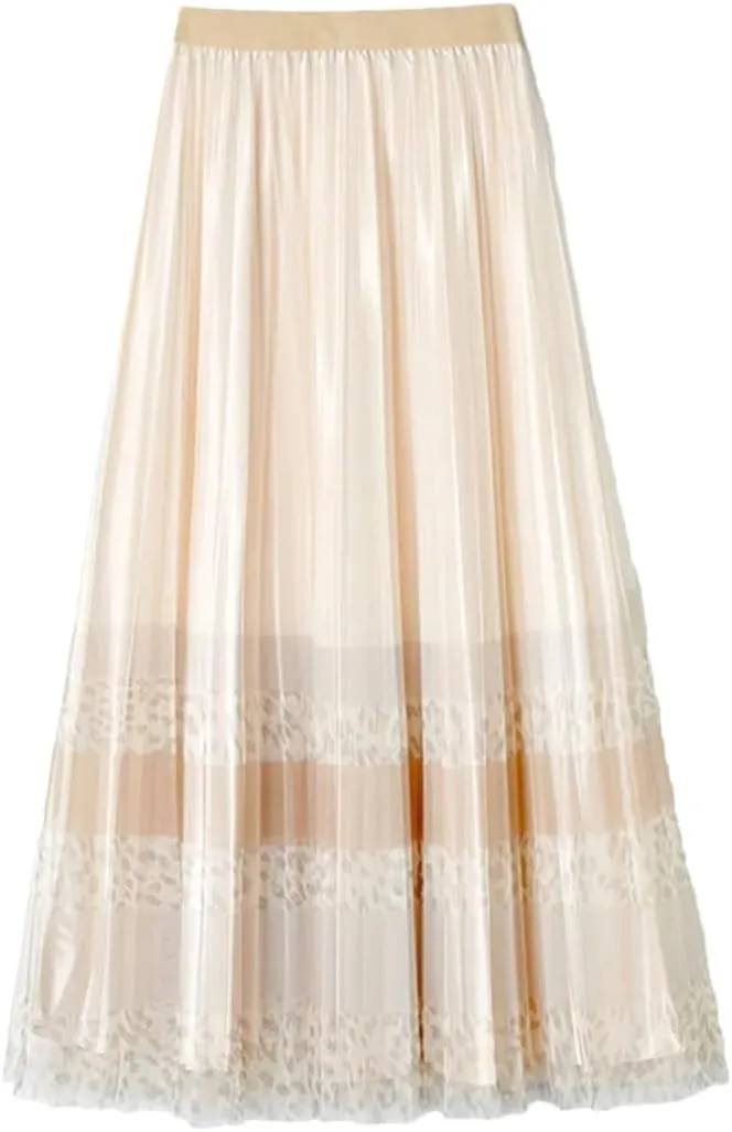 Womens Mesh Printed Pleated Skirts Casual Elastic Waist A-Line High Waist Slim Midi Skirt