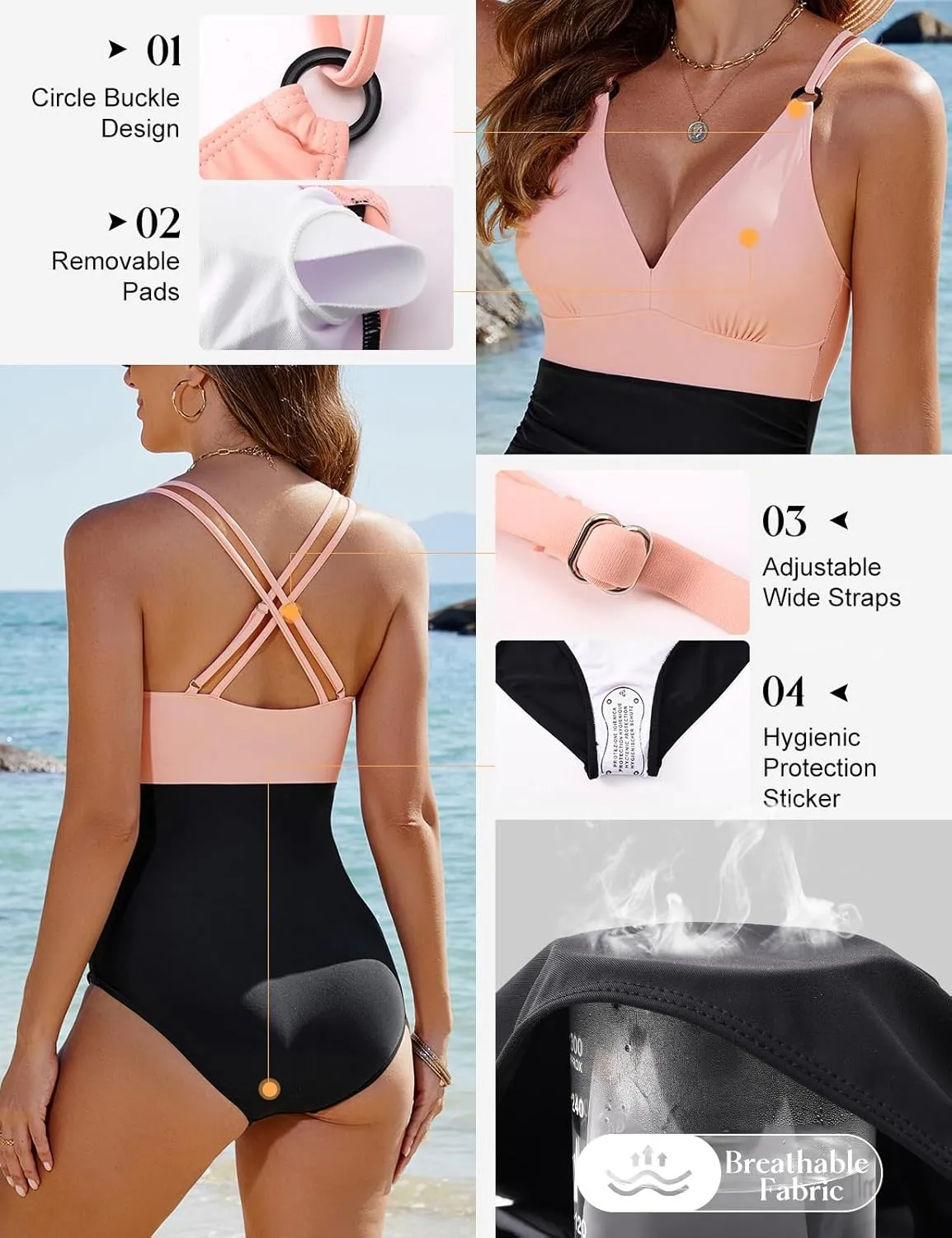 Women's One Piece Swimsuits Tummy Control Bathing Suit V Neck Ruched Swimwear Criss Cross Back O-Ring Vintage