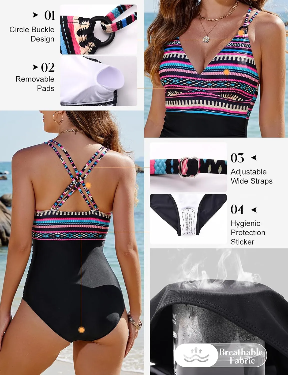 Women's One Piece Swimsuits Tummy Control Bathing Suit V Neck Ruched Swimwear Criss Cross Back O-Ring Vintage