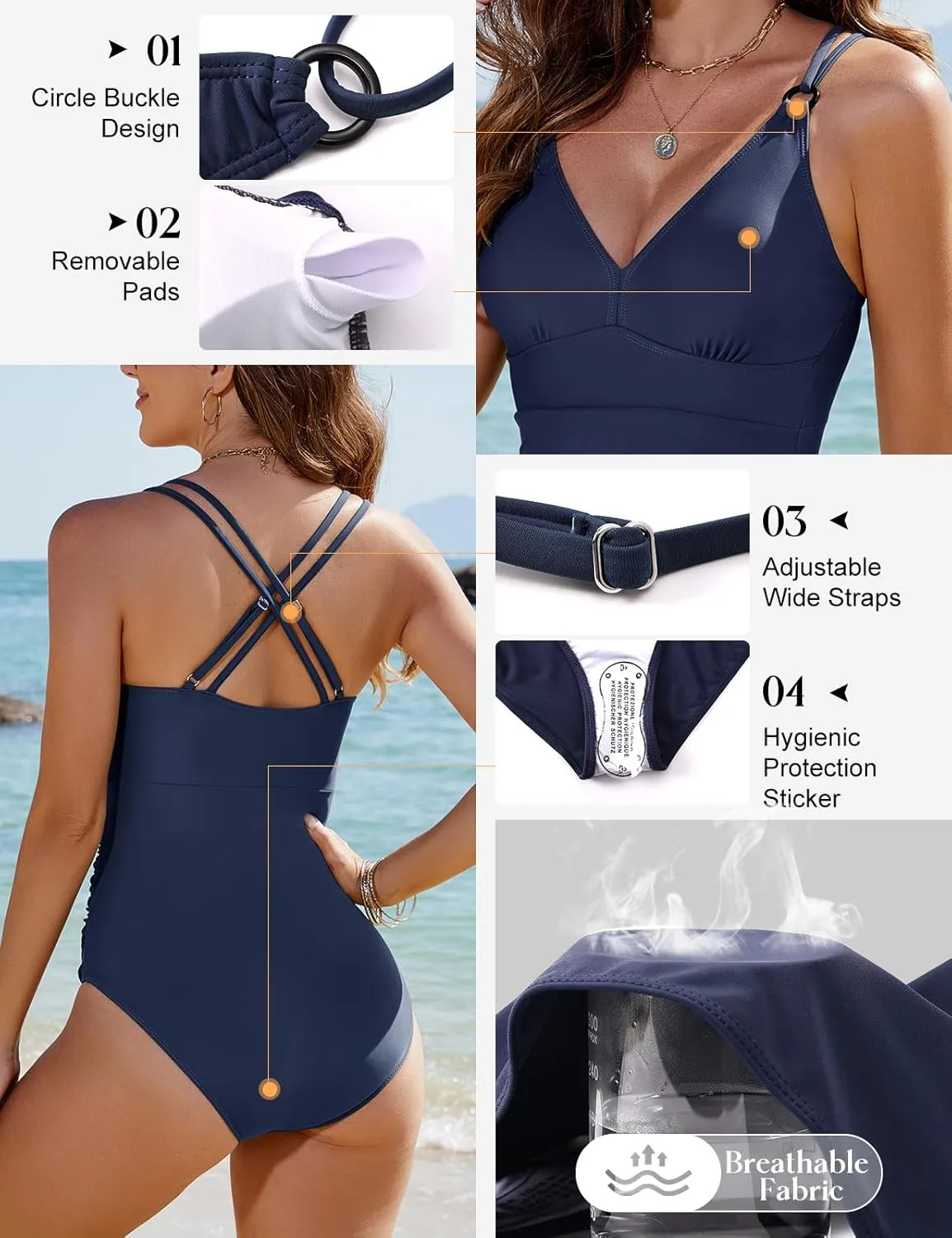 Women's One Piece Swimsuits Tummy Control Bathing Suit V Neck Ruched Swimwear Criss Cross Back O-Ring Vintage
